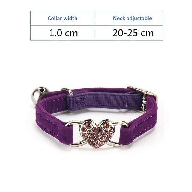 Pet Puppy Cat Collar Water Diamond Love Half Fold Plush Fabric Bell Elastic Collar