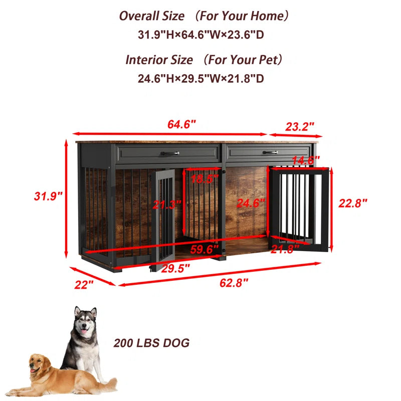 Dorilal Large Dog Crate Furniture with 2 Drawers and Divider