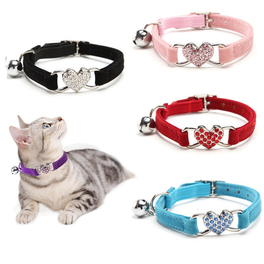 Pet Puppy Cat Collar Water Diamond Love Half Fold Plush Fabric Bell Elastic Collar