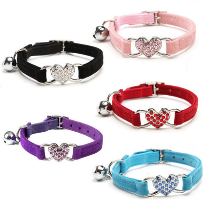 Pet Puppy Cat Collar Water Diamond Love Half Fold Plush Fabric Bell Elastic Collar