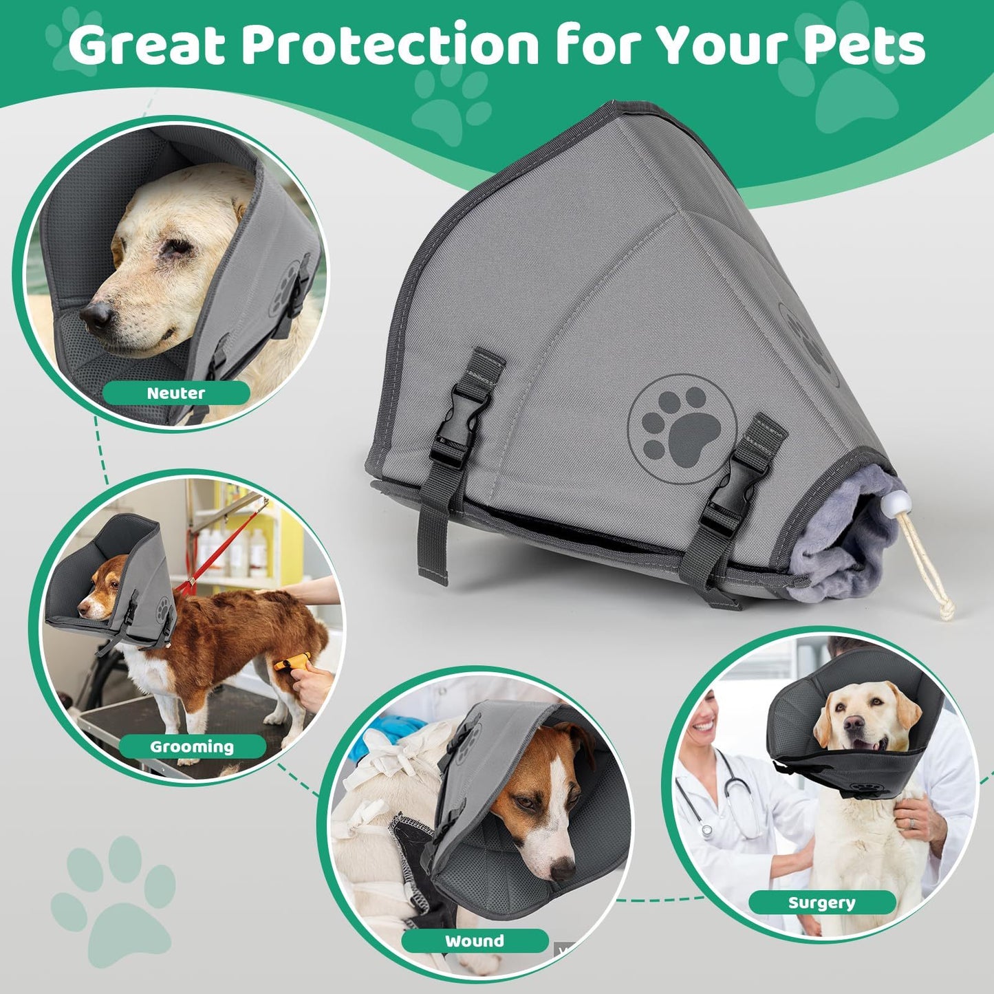 IFurffy Dog Cone For After Surgery,Breathable Soft Dog Cone For Large Medium Small Size Dog, Adjustable Drawstring And Buckle Dog Recovery Collar To Stop Licking And Scratching Wound ,L